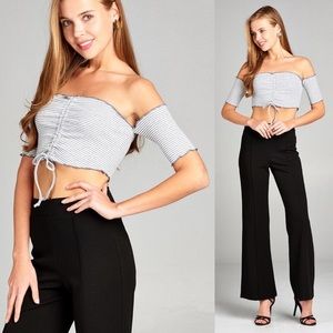 Grey Striped Off The Shoulder Crop Top